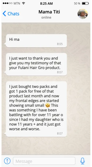 WhatsApp testimonial from Mama Titi about her hair transformation